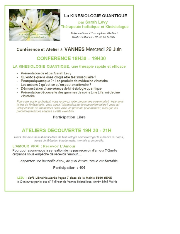 Vannes 29062016 Conférence et Atelier Kinesiologie   Quantique Sarah Levy